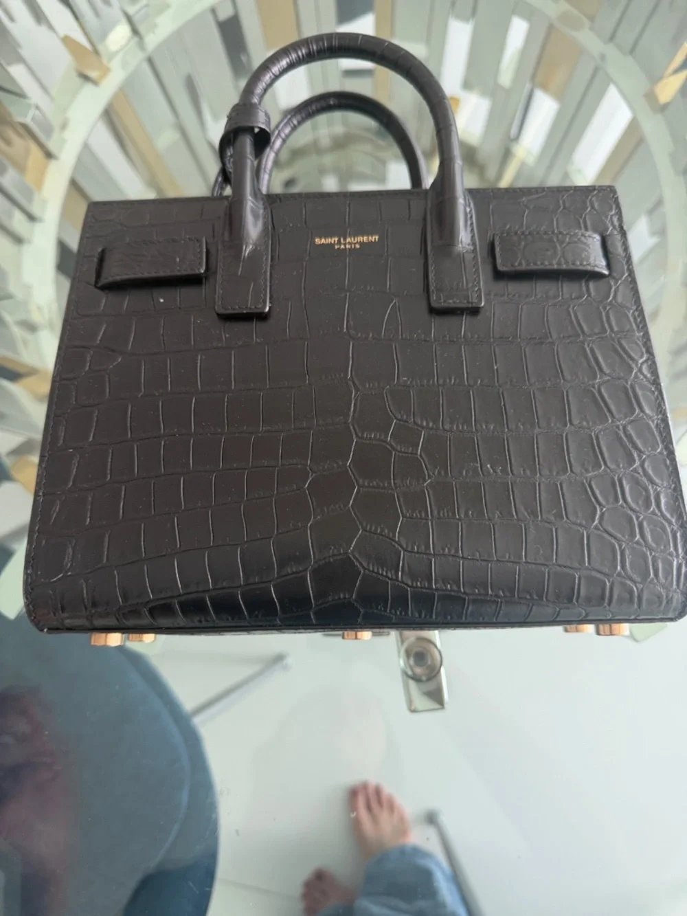 Saint Laurent Black Croc-Embossed Top-Handle Briefcase